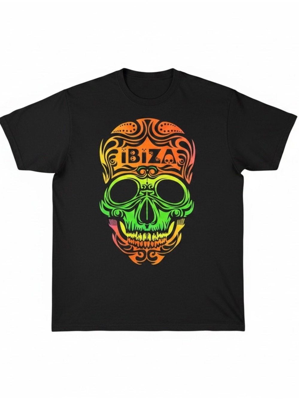 Ibiza Black Short Sleeve Tee with Neon Skull Graphic